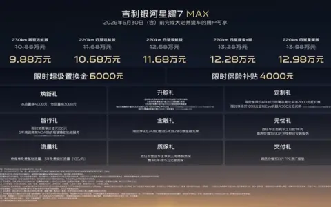 吉利银河星耀7 MAX全系标配四驱，权益后上市限时指导价9.88万起