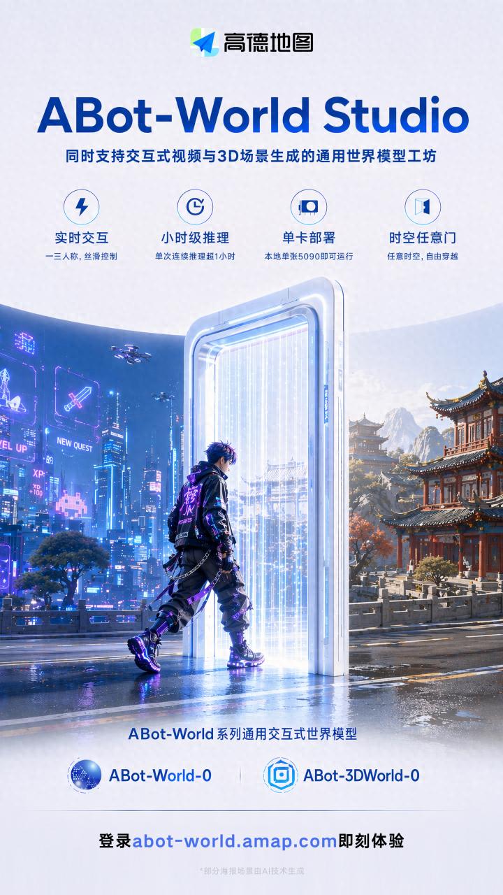 高德发布通用世界模型工坊ABot-World Studio: 5090单卡可生成小时级实时交互式视频与3D场景