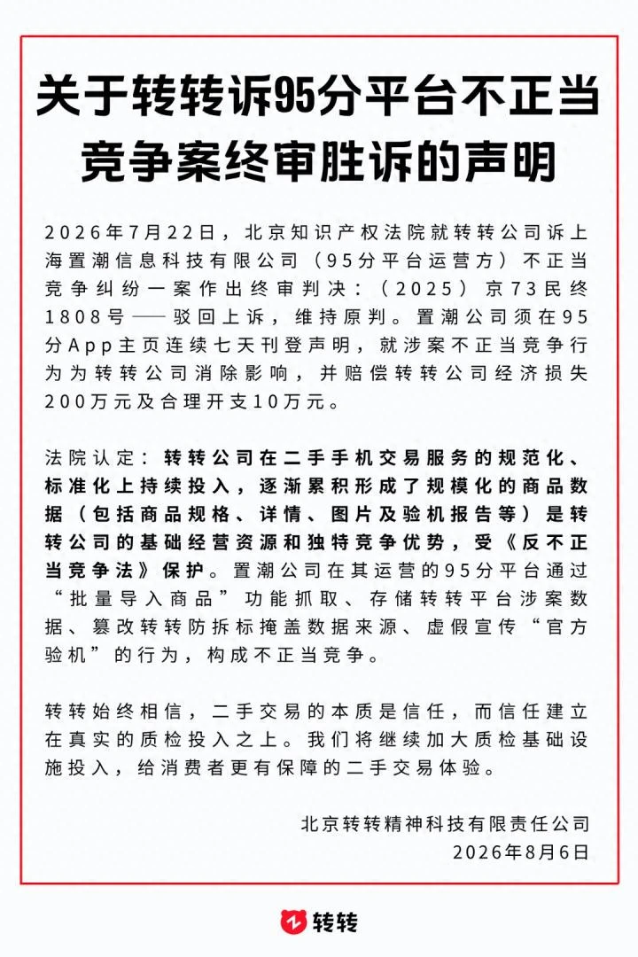 转转诉95分不正当竞争案终审胜诉，95分判赔210万元