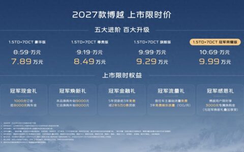 上市限时价7.89-9.99万元，2027款博越五大进阶百大升级，重塑10万内家用SUV新标杆
