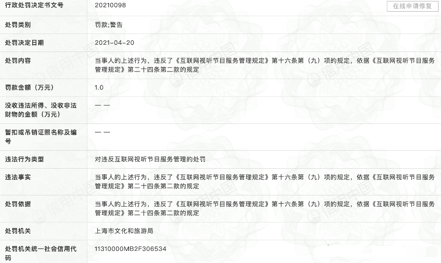 20210420小红书涉嫌传播危害社会公德内容遭罚1万元