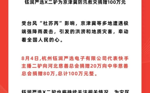 二驴公益捐赠100万元 驰援京津冀等地防汛救灾